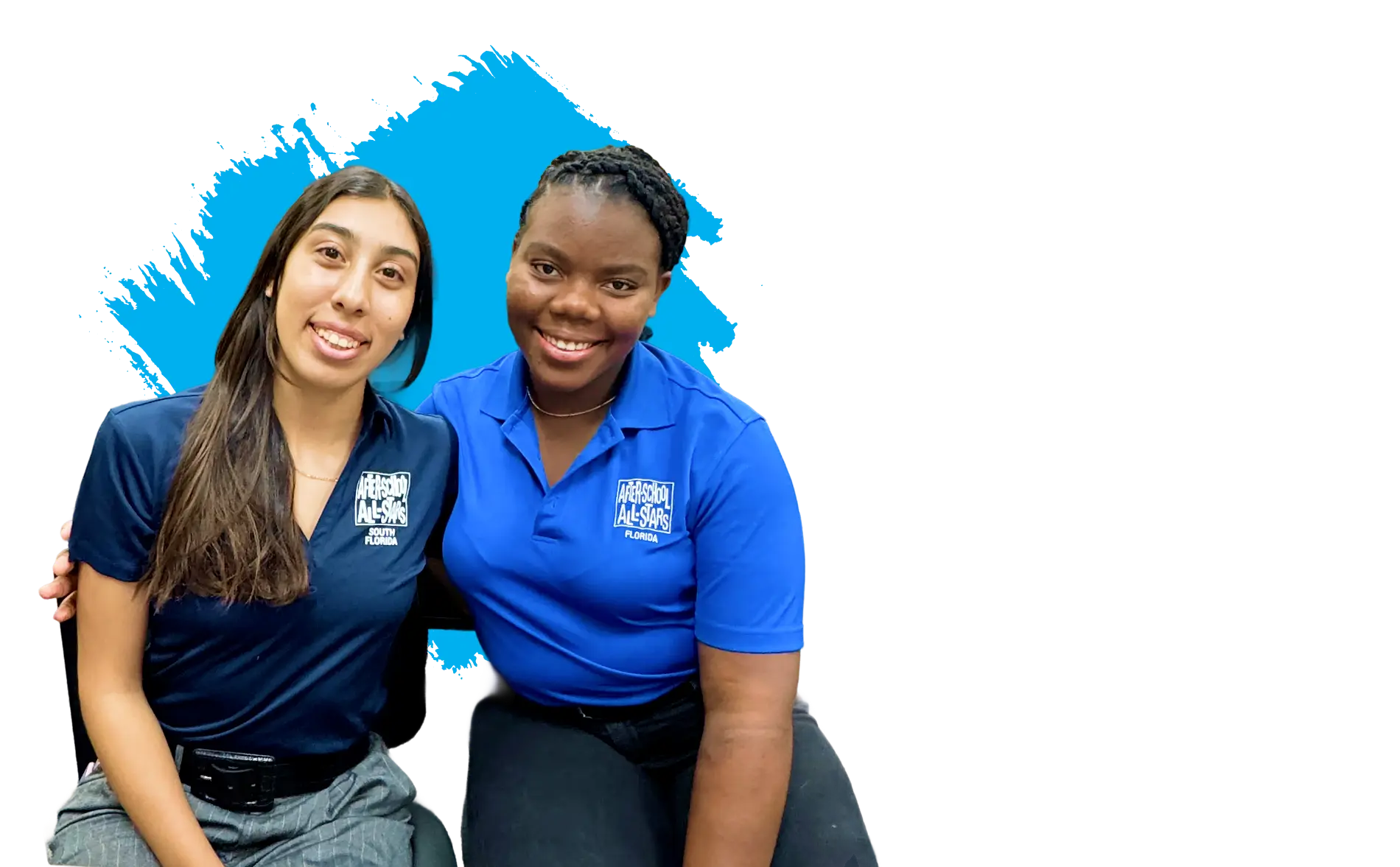 Two girls sitting with Afterschool All-Stars shirts on and styled background
