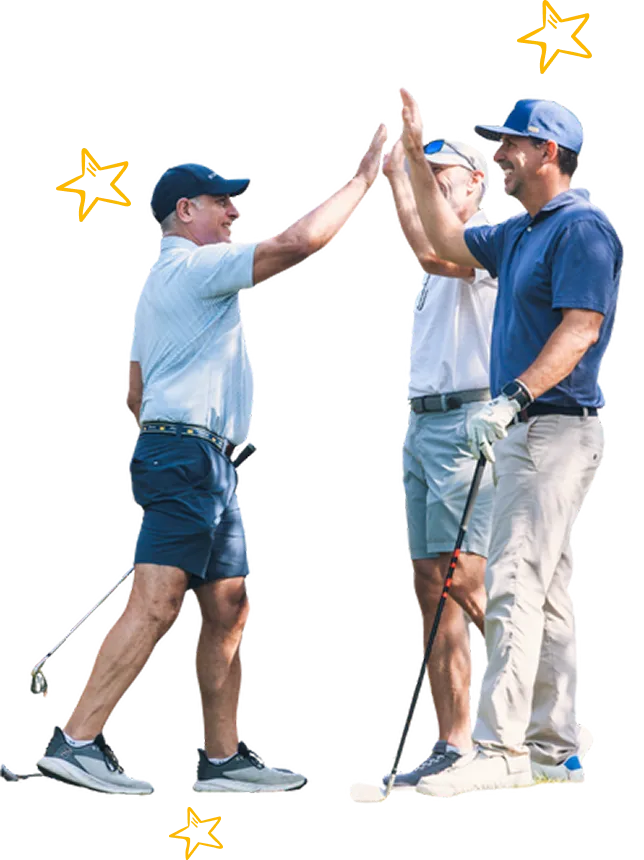Three golfers sharing a celebratory high five during an After-School All-Stars fundraising event.